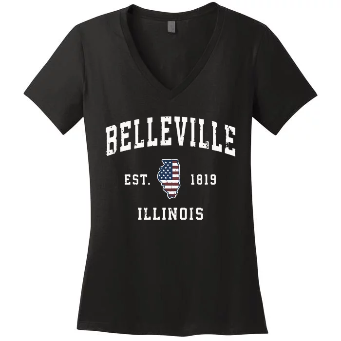 Belleville Illinois Il Vintage American Flag Sports Women's V-Neck T-Shirt