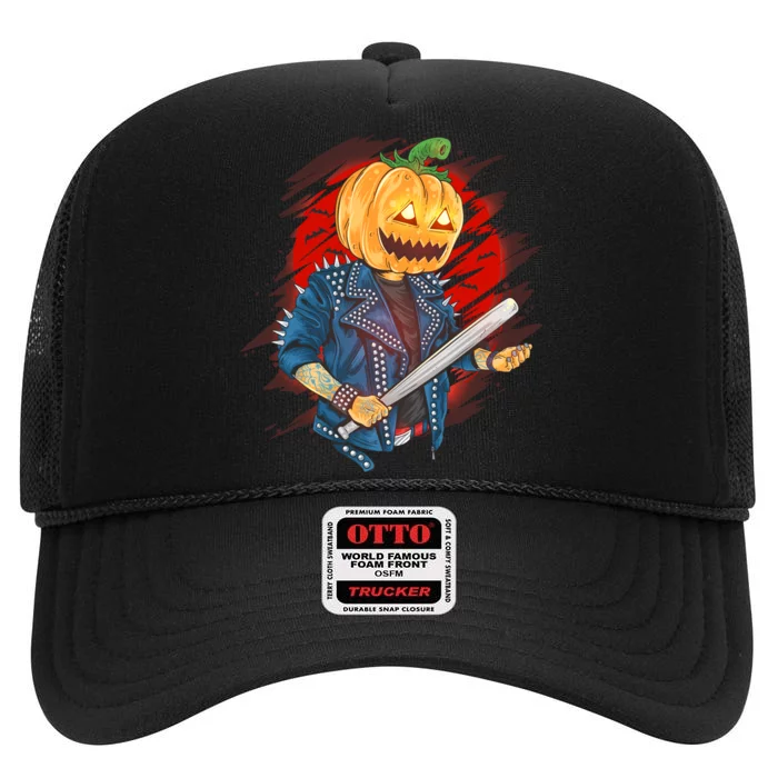 Biker Pumpkin Cool Halloween High Crown Mesh Trucker Hat