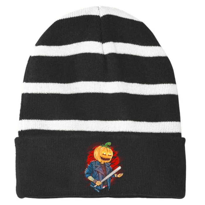 Biker Pumpkin Cool Halloween Striped Beanie with Solid Band