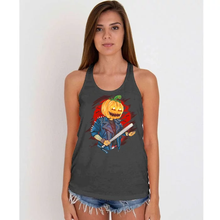 Biker Pumpkin Cool Halloween Women's Knotted Racerback Tank