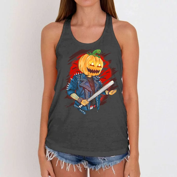 Biker Pumpkin Cool Halloween Women's Knotted Racerback Tank