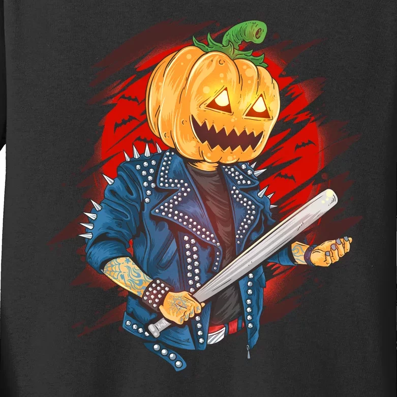 Biker Pumpkin Cool Halloween Kids Long Sleeve Shirt