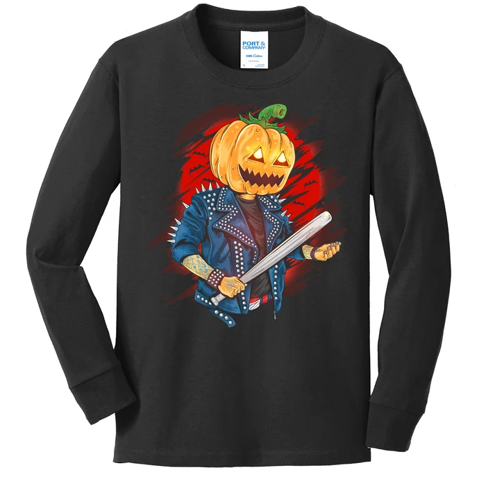 Biker Pumpkin Cool Halloween Kids Long Sleeve Shirt