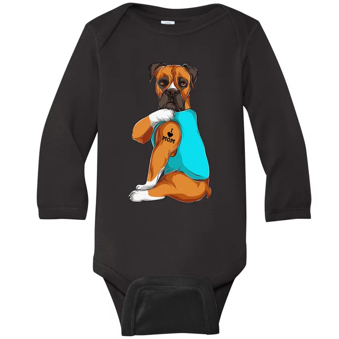 Boxer I Love Mom Tattoo Apparel Dog Mom Gifts Baby Long Sleeve Bodysuit