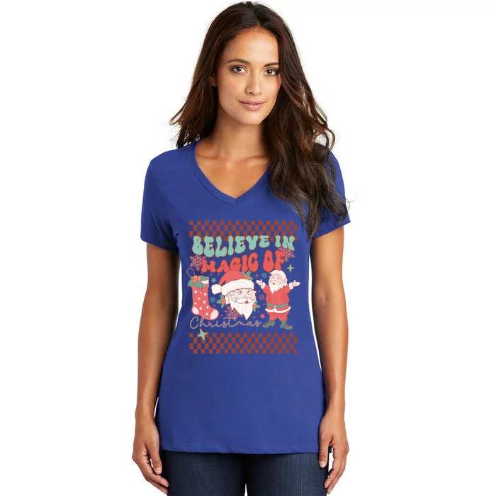 Believe In Magic Of Christmas Groovy Retro Christmas Santa Funny Gift Women's V-Neck T-Shirt