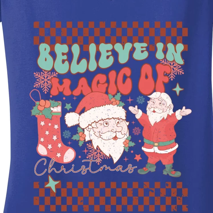 Believe In Magic Of Christmas Groovy Retro Christmas Santa Funny Gift Women's V-Neck T-Shirt