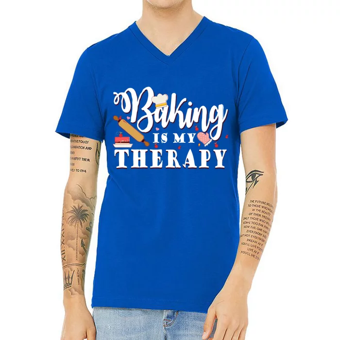 Baking Is My Therapy Funny Cake Bakers Pastry Chef Cupcakes Gift V-Neck T-Shirt