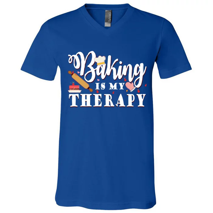 Baking Is My Therapy Funny Cake Bakers Pastry Chef Cupcakes Gift V-Neck T-Shirt