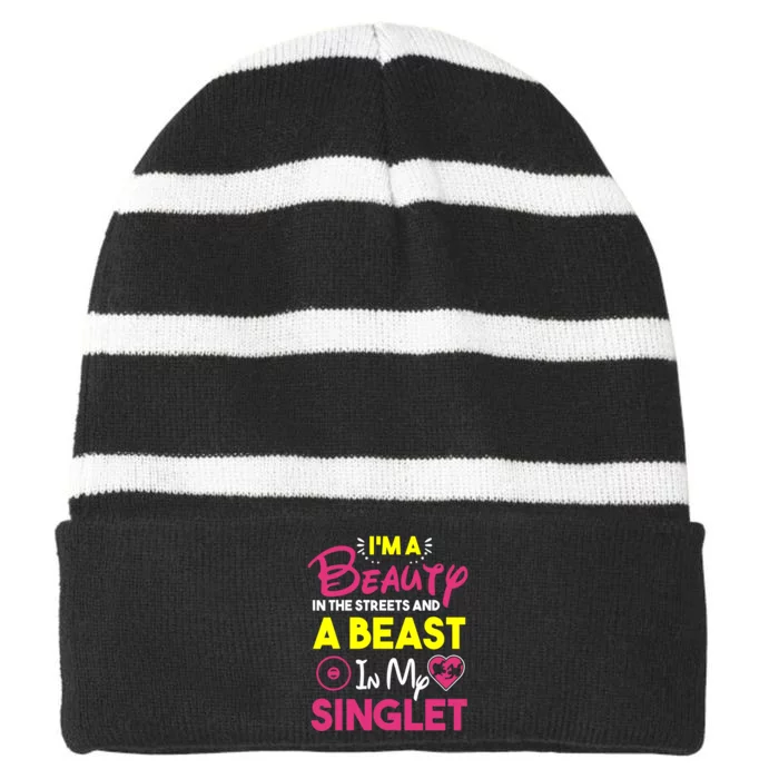 Beast In My Singlet Funny Wrestling Striped Beanie with Solid Band