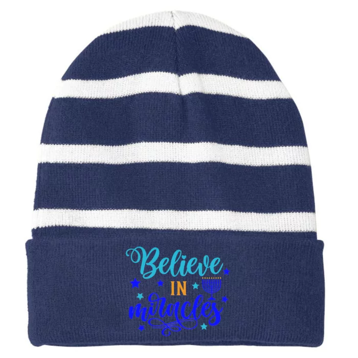 Believe In Miracles Christmas Hanukkah Jewish Striped Beanie with Solid Band