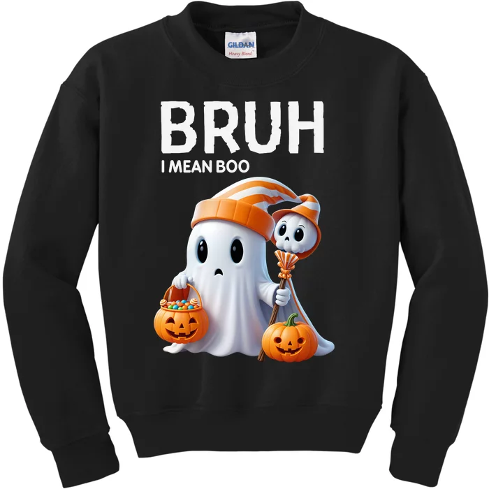 Bruh I Mean Boo Ghost Skull Pumpkin Halloween Kids Sweatshirt