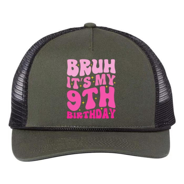 Bruh ItS My 9th Birthday 9 Year Old 9yr Cute Groovy Pink Retro Rope Trucker Hat Cap