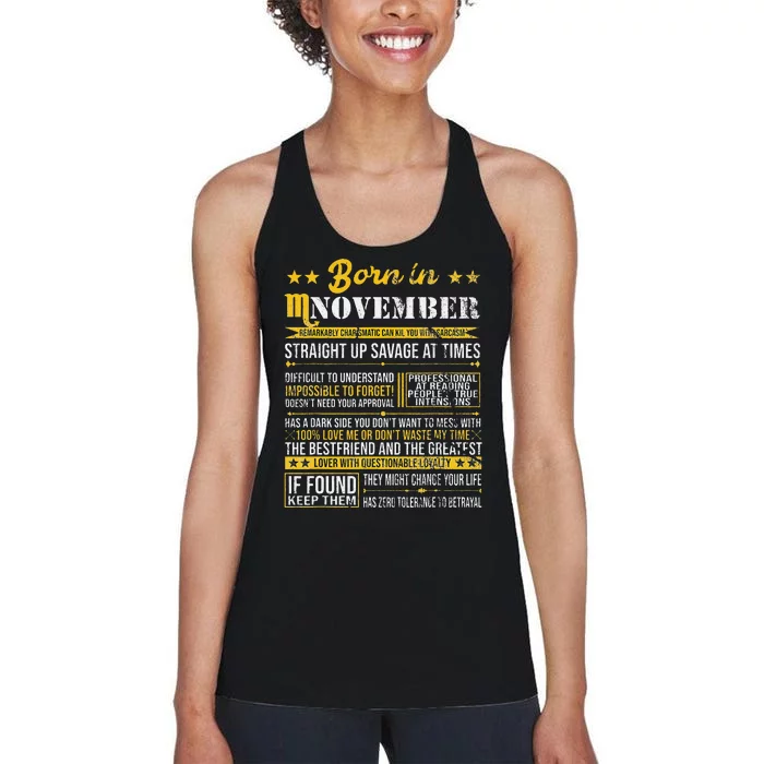 Born in November Scorpio Horoscope Birthday Gift Women's Racerback Tank