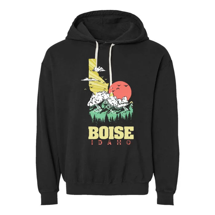 Boise Idaho Outdoors Nature Mountains Vintage State Pride Garment-Dyed Fleece Hoodie