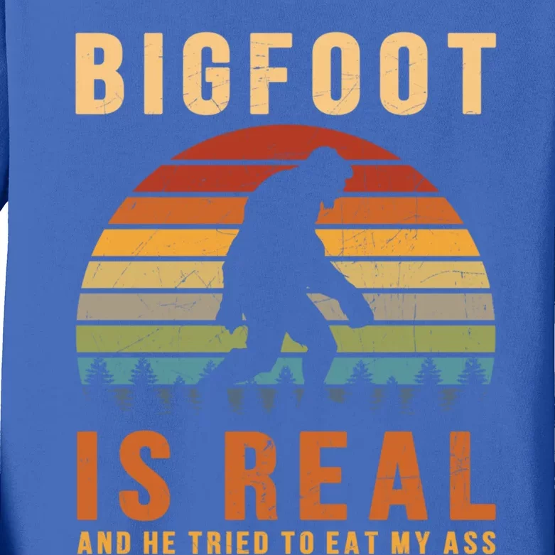 Bigfoot Is Real And He Tried To Eat My Ass Funny Sasquatch Gift Kids Long Sleeve Shirt