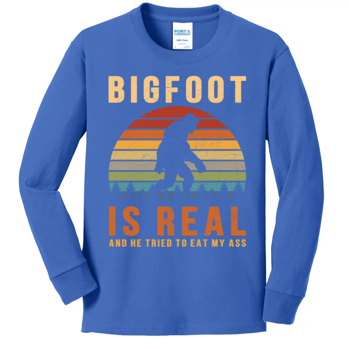 Bigfoot Is Real And He Tried To Eat My Ass Funny Sasquatch Gift Kids Long Sleeve Shirt