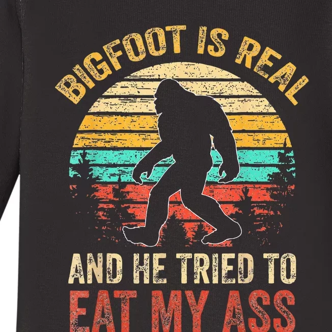 Bigfoot Is Real And He Tried To Eat My Ass Funny Sasquatch Baby Long Sleeve Bodysuit