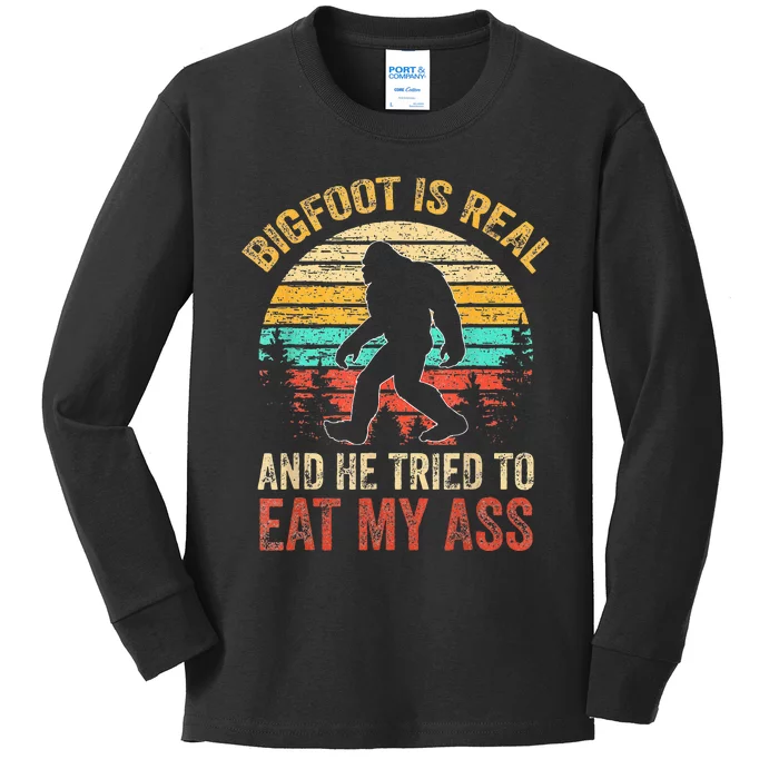 Bigfoot Is Real And He Tried To Eat My Ass Funny Sasquatch Kids Long Sleeve Shirt