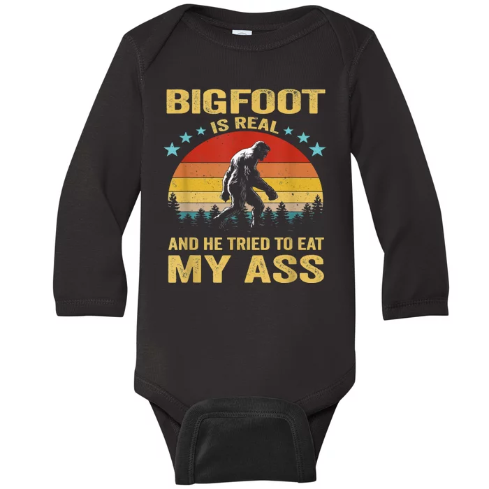 Bigfoot Is Real He Tried To Eat My Ass Retro Baby Long Sleeve Bodysuit