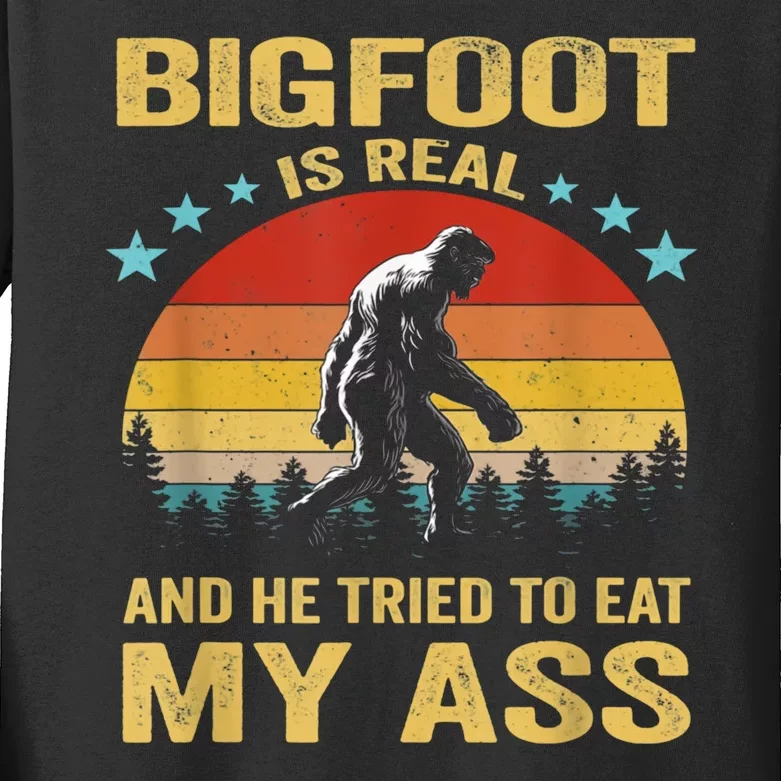 Bigfoot Is Real He Tried To Eat My Ass Retro Kids Long Sleeve Shirt