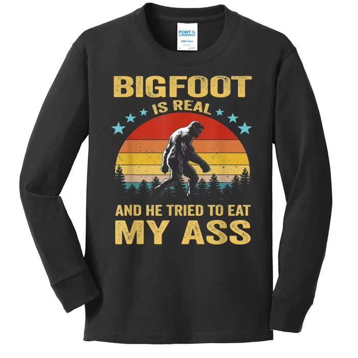 Bigfoot Is Real He Tried To Eat My Ass Retro Kids Long Sleeve Shirt