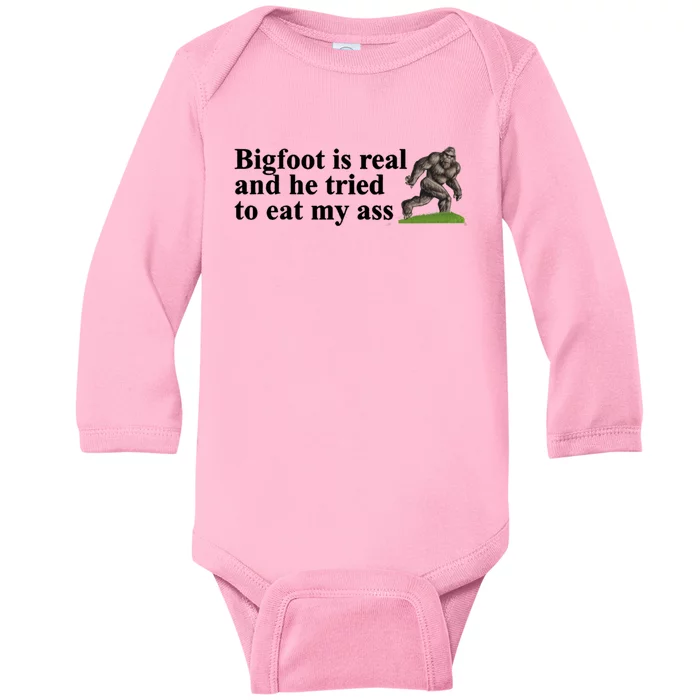 Bigfoot Is Real And He Tried To Eat My Ass Meme Baby Long Sleeve Bodysuit