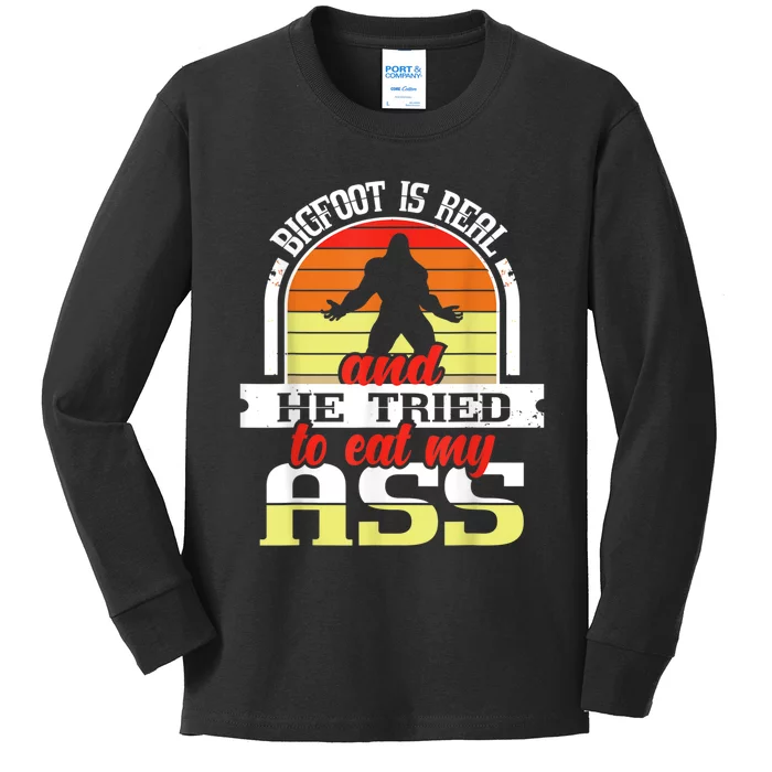 Bigfoot Is Real And He Tried To Funny Bigfoot Sasquatch Kids Long Sleeve Shirt