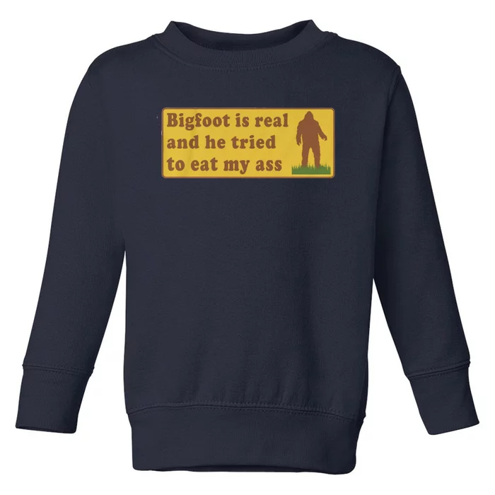 Bigfoot Is Real And He Tried To Eat My Ass Funny Oddly Specific Meme Toddler Sweatshirt