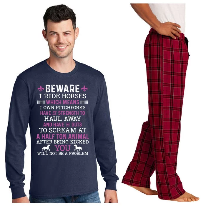 Beware I Ride Horses Shirts Horse Lover Riding Racing Long Sleeve Pajama Set