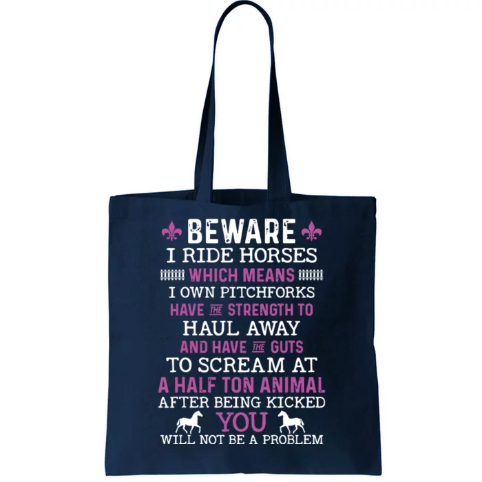 Beware I Ride Horses Shirts Horse Lover Riding Racing Tote Bag