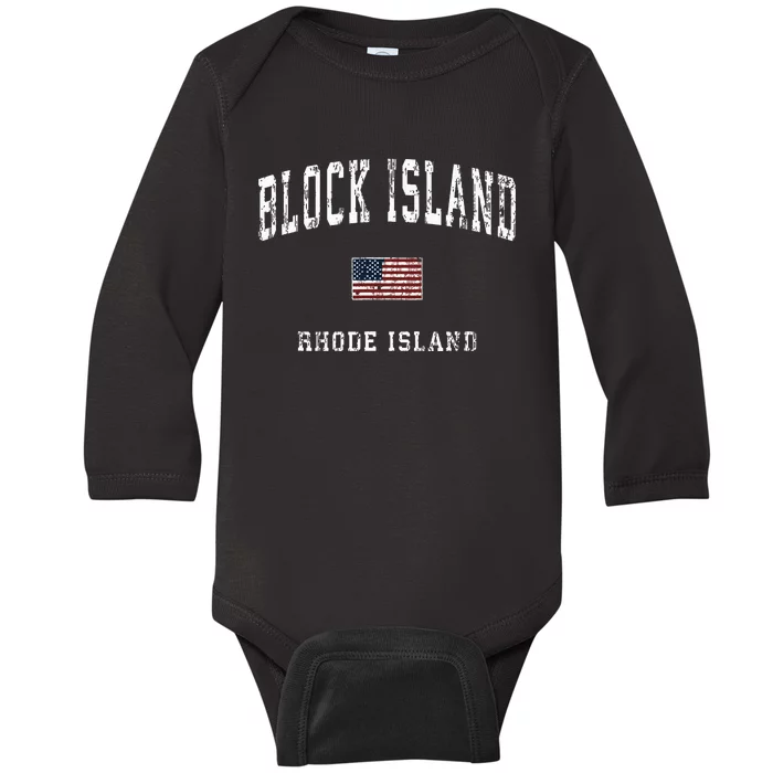 Block Island Rhode Island Ri Vintage American Flag Sports Baby Long Sleeve Bodysuit