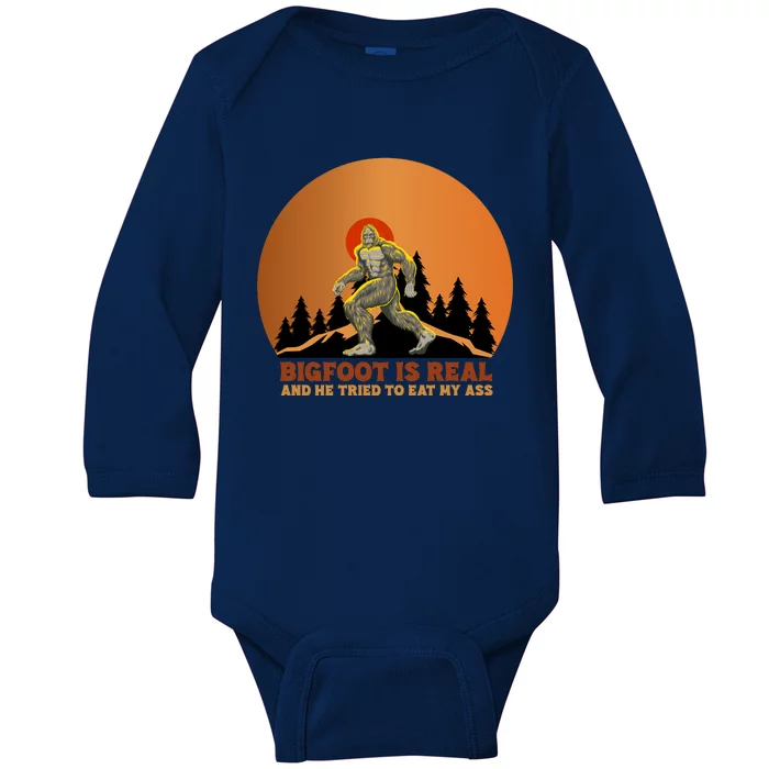 Bigfoot Is Real And He Tried To Eat My Ass Funny Sasquatch Baby Long Sleeve Bodysuit