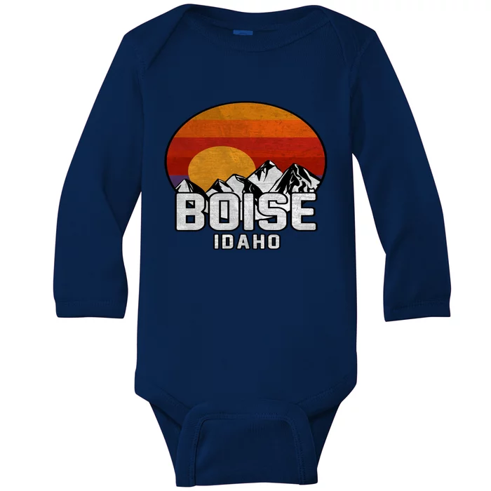 Boise Idaho Retro Mountain Sunset Gift Baby Long Sleeve Bodysuit