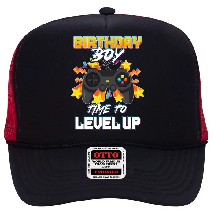 Birthday Boy Time to Level Up Video Gamer Cute Funny High Crown Mesh Trucker Hat