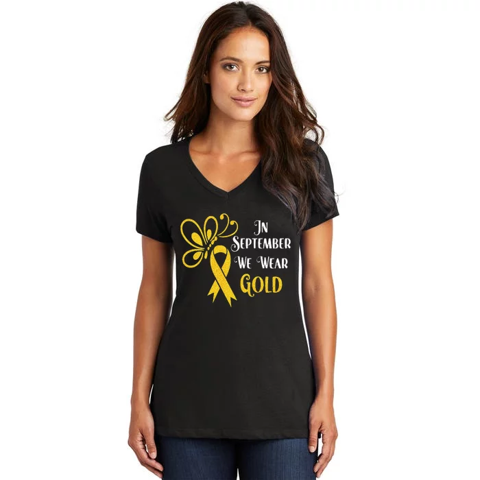 Butterfly In September We Wear Gold Childhood Cancer Women's V-Neck T-Shirt