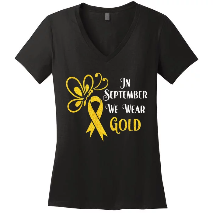 Butterfly In September We Wear Gold Childhood Cancer Women's V-Neck T-Shirt