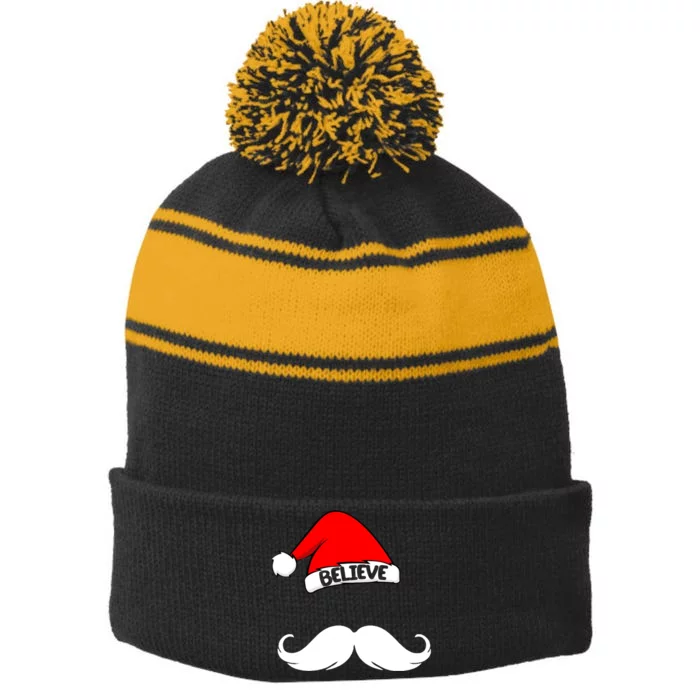 Believe In Santa Funny Mustache Stripe Pom Pom Beanie