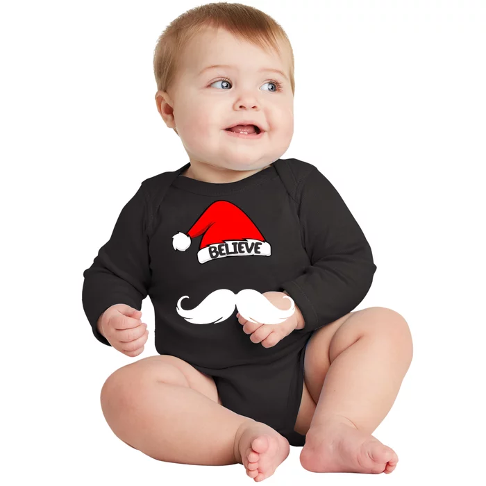 Believe In Santa Funny Mustache Baby Long Sleeve Bodysuit