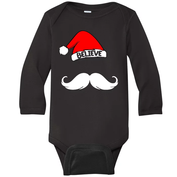 Believe In Santa Funny Mustache Baby Long Sleeve Bodysuit