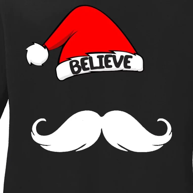 Believe In Santa Funny Mustache Ladies Long Sleeve Shirt