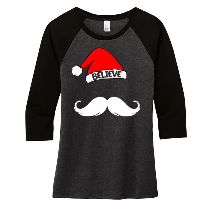 Believe In Santa Funny Mustache Women's Tri-Blend 3/4-Sleeve Raglan Shirt