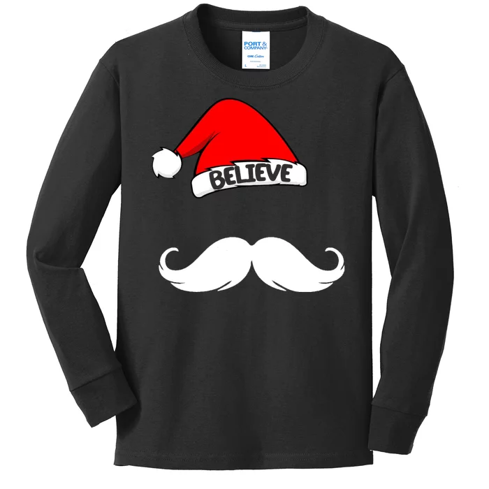 Believe In Santa Funny Mustache Kids Long Sleeve Shirt