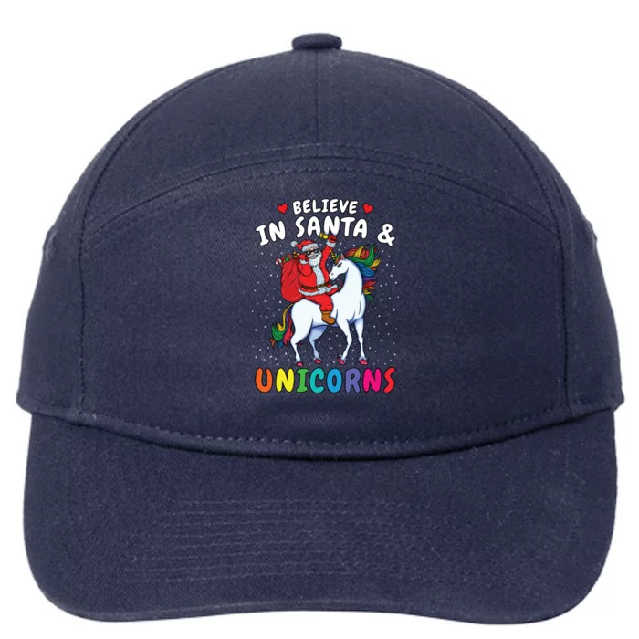 Believe In Santa And Unicorns Christmas Santa Riding Unicorn Gift 7-Panel Snapback Hat