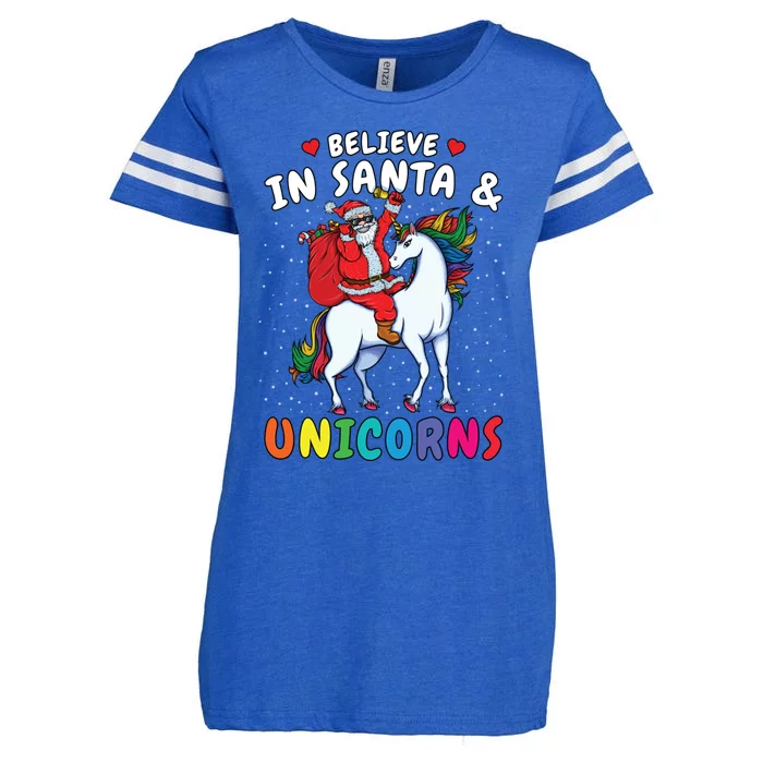 Believe In Santa And Unicorns Christmas Santa Riding Unicorn Gift Enza Ladies Jersey Football T-Shirt