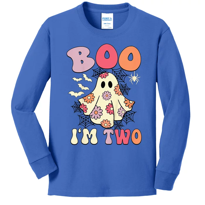 Boo IM Two Years Old 2nd Birthday Groovy Ghost Halloween Kids Long Sleeve Shirt