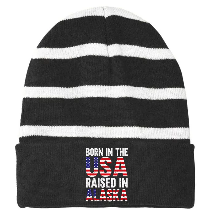 Born In The Usa Raised In Alaska Striped Beanie with Solid Band