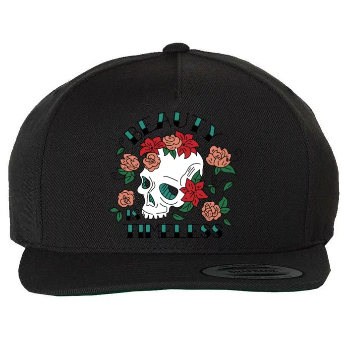 Beauty Is Timeless Skull Floral Wool Snapback Cap