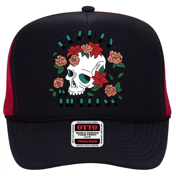 Beauty Is Timeless Skull Floral High Crown Mesh Trucker Hat