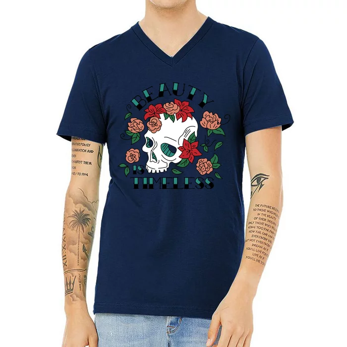 Beauty Is Timeless Skull Floral V-Neck T-Shirt