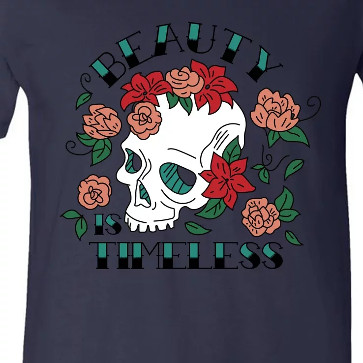 Beauty Is Timeless Skull Floral V-Neck T-Shirt